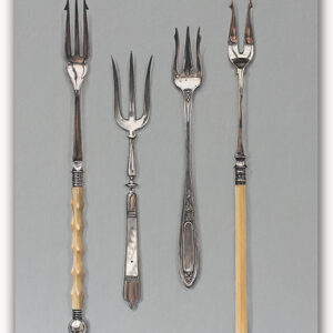 Grey book cover showing four ornate pickle forks, two with bone handles, it is a painting, but photographic in style