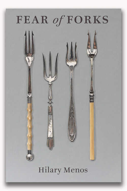 Grey book cover showing four ornate pickle forks, two with bone handles, it is a painting, but photographic in style